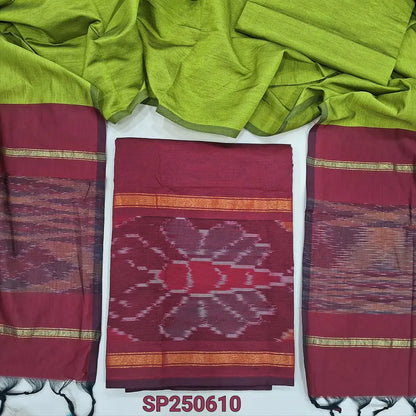 Dark maroon silk cotton unstitched salwar material, thread woven design on daman(lining needed)light green silk cotton bottom, dual shaded silk cotton dupatta. CODE SP250610