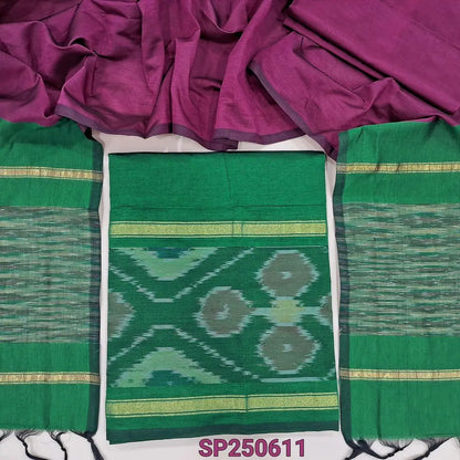 Dark leafy green silk cotton unstitched salwar material, thread woven design on daman(lining needed)dark pink silk cotton bottom, dual shaded silk cotton dupatta. CODE SP250611