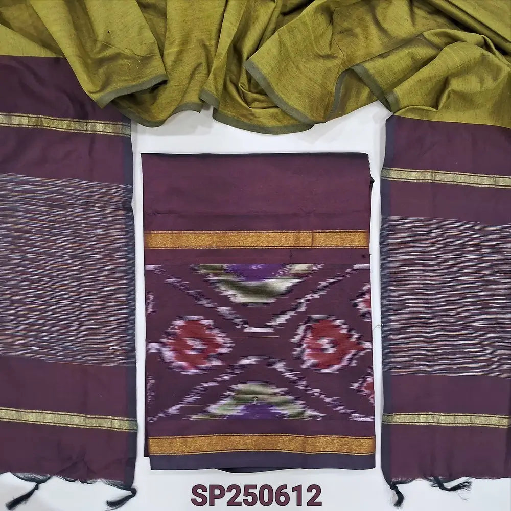 Dark maroon silk cotton unstitched salwar material, thread woven design on daman(lining needed)mehandhi green silk cotton bottom, dual shaded silk cotton dupatta. CODE SP250612