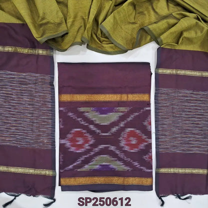 Dark maroon silk cotton unstitched salwar material, thread woven design on daman(lining needed)mehandhi green silk cotton bottom, dual shaded silk cotton dupatta. CODE SP250612