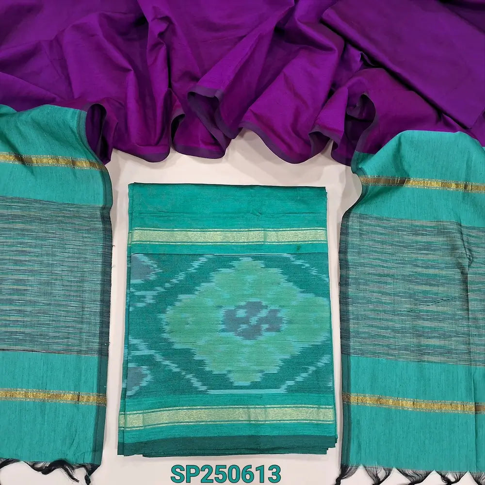 Pastel blue silk cotton unstitched salwar material, thread woven design on daman(lining needed)purplish pink silk cotton bottom, dual shaded silk cotton dupatta. CODE SP250613