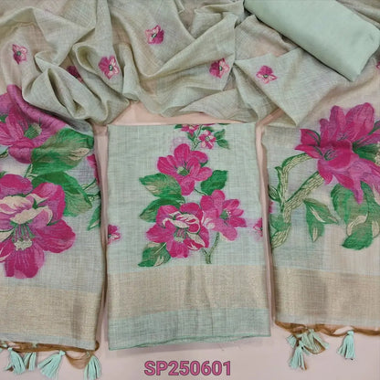 Light green jamdani woven premium silk cotton unstitched salwar material, gold tissue border on daman(thin, lining needed)matching santoon bottom, jamdani woven premium silk cotton full length dupatta with hand made tassels. CODE SP250601