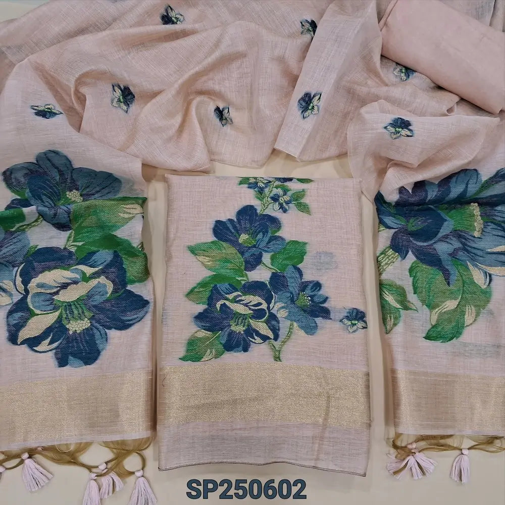 Pale pink jamdani woven premium silk cotton unstitched salwar material, gold tissue border on daman(thin, lining needed)matching santoon bottom, jamdani woven premium silk cotton full length dupatta with hand made tassels. CODE SP250602