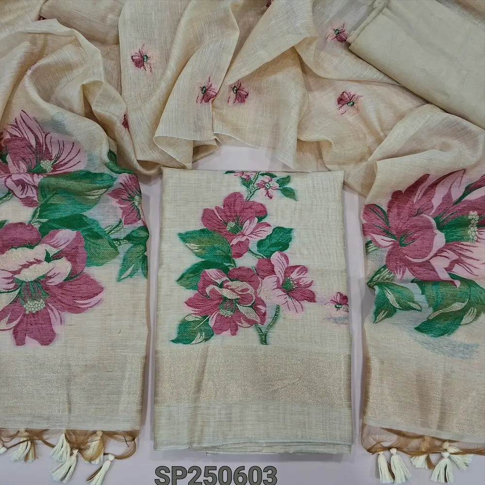 Rich beige jamdani woven premium silk cotton unstitched salwar material, gold tissue border on daman(thin, lining needed)matching santoon bottom, jamdani woven premium silk cotton full length dupatta with hand made tassels. CODE SP250603