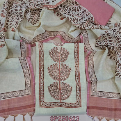 Rich beige with golden tint tissue linen unstitched salwar material, rich hand embroidered on yoke(thin, lining needed)green santoon bottom, rich hand embroidered tissue linen full length dupatta. CODE SP250623