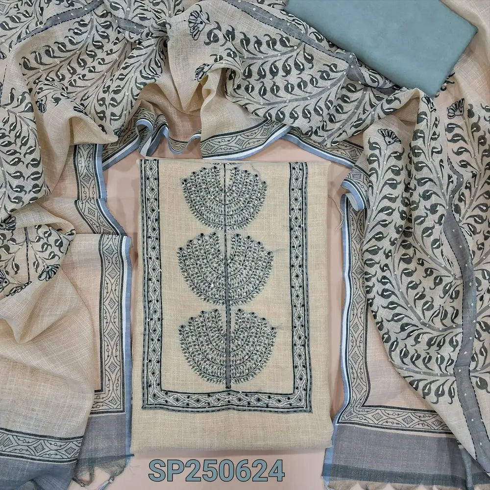 Rich beige with golden tint tissue linen unstitched salwar material, rich hand embroidered on yoke(thin, lining needed)green santoon bottom, rich hand embroidered tissue linen full length dupatta. CODE SP250624