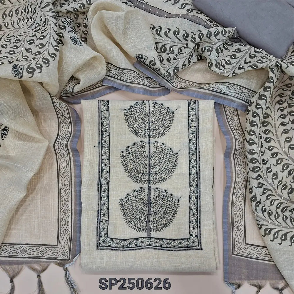 Rich beige with golden tint tissue linen unstitched salwar material, rich hand embroidered on yoke(thin, lining needed)green santoon bottom, rich hand embroidered tissue linen full length dupatta. CODE SP250625