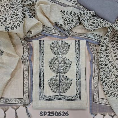 Rich beige with golden tint tissue linen unstitched salwar material, rich hand embroidered on yoke(thin, lining needed)green santoon bottom, rich hand embroidered tissue linen full length dupatta. CODE SP250625