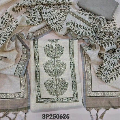 Rich beige with golden tint tissue linen unstitched salwar material, rich hand embroidered on yoke(thin, lining needed)purplish grey santoon bottom, rich hand embroidered tissue linen full length dupatta. CODE SP250626