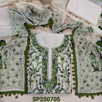 Light beige designer premium silk cotton unstitched salwar material, heavy hand embroidery(might vary) on front(lining needed)matching santoon bottom, rich hand embroidered premium silk cotton full length dupatta with pompom tapings. CODE SP250705