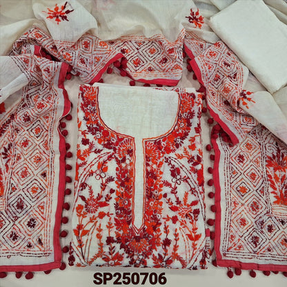 Light beige designer premium silk cotton unstitched salwar material, heavy hand embroidery(might vary) on front(lining needed)matching santoon bottom, rich hand embroidered premium silk cotton full length dupatta with pompom tapings. CODE SP250706