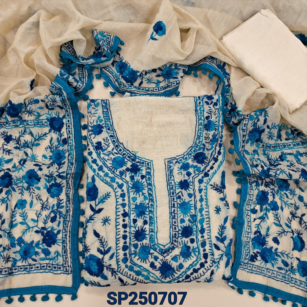 Light beige designer premium silk cotton unstitched salwar material, heavy hand embroidery(might vary) on front(lining needed)matching santoon bottom, rich hand embroidered premium silk cotton full length dupatta with pompom tapings. CODE SP250707