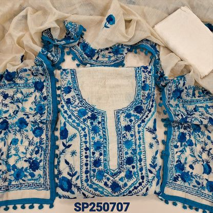 Light beige designer premium silk cotton unstitched salwar material, heavy hand embroidery(might vary) on front(lining needed)matching santoon bottom, rich hand embroidered premium silk cotton full length dupatta with pompom tapings. CODE SP250707
