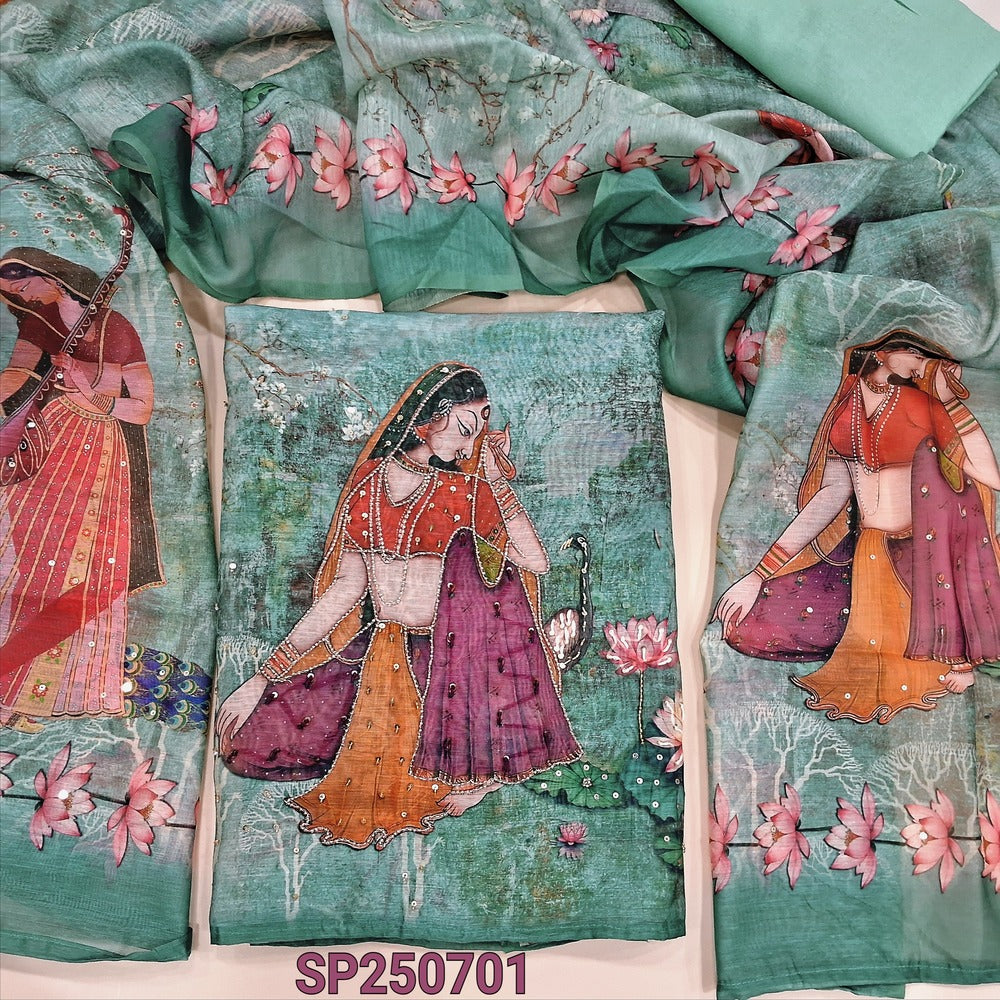 Pastel blue designer digital printed silk cotton unstitched salwar material, rich bead &sequins work on front(thin, lining needed)matching santoon bottom, digital printed silk cotton dupatta with sequins work. CODE SP250701