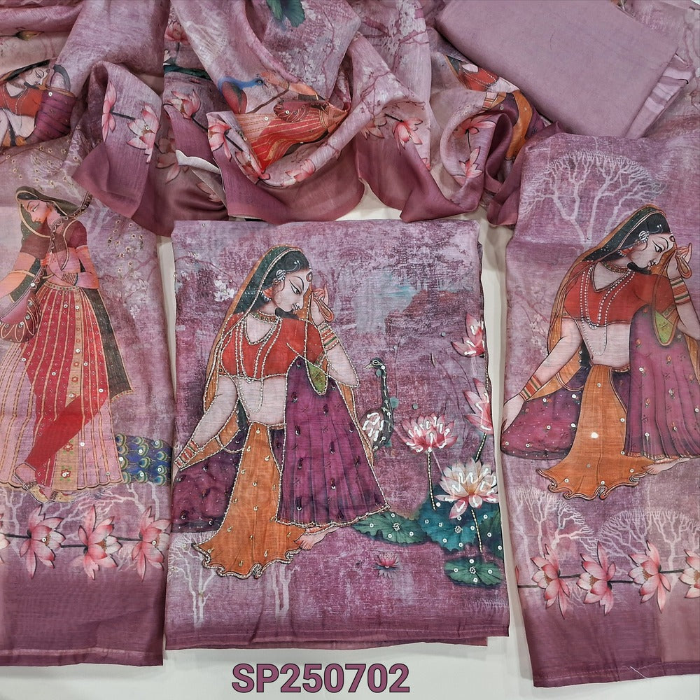 Pink designer digital printed silk cotton unstitched salwar material, rich bead &sequins work on front(thin, lining needed)matching santoon bottom, digital printed silk cotton dupatta with sequins work. CODE SP250702