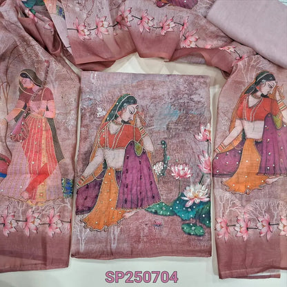 Light onion pink designer digital printed silk cotton unstitched salwar material, rich bead &sequins work on front(thin, lining needed)matching santoon bottom, digital printed silk cotton dupatta with sequins work. CODE SP250704