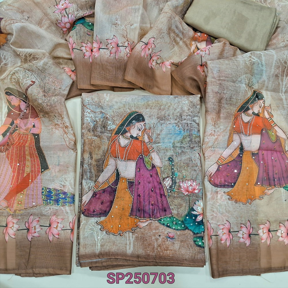 Beige designer digital printed silk cotton unstitched salwar material, rich bead &sequins work on front(thin, lining needed)matching santoon bottom, digital printed silk cotton dupatta with sequins work. CODE SP250703