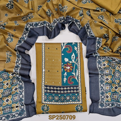 Mehandhi yellow printed satin cotton unstitched salwar material, faux mirror work on yoke(lining optional)matching spun cotton bottom, printed pure mul cotton dupatta. CODE SP250709