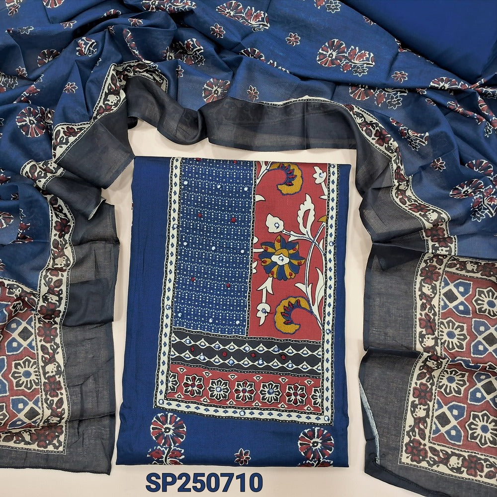 Blue printed satin cotton unstitched salwar material, faux mirror work on yoke(lining optional)matching spun cotton bottom, printed pure mul cotton dupatta. CODE SP250710