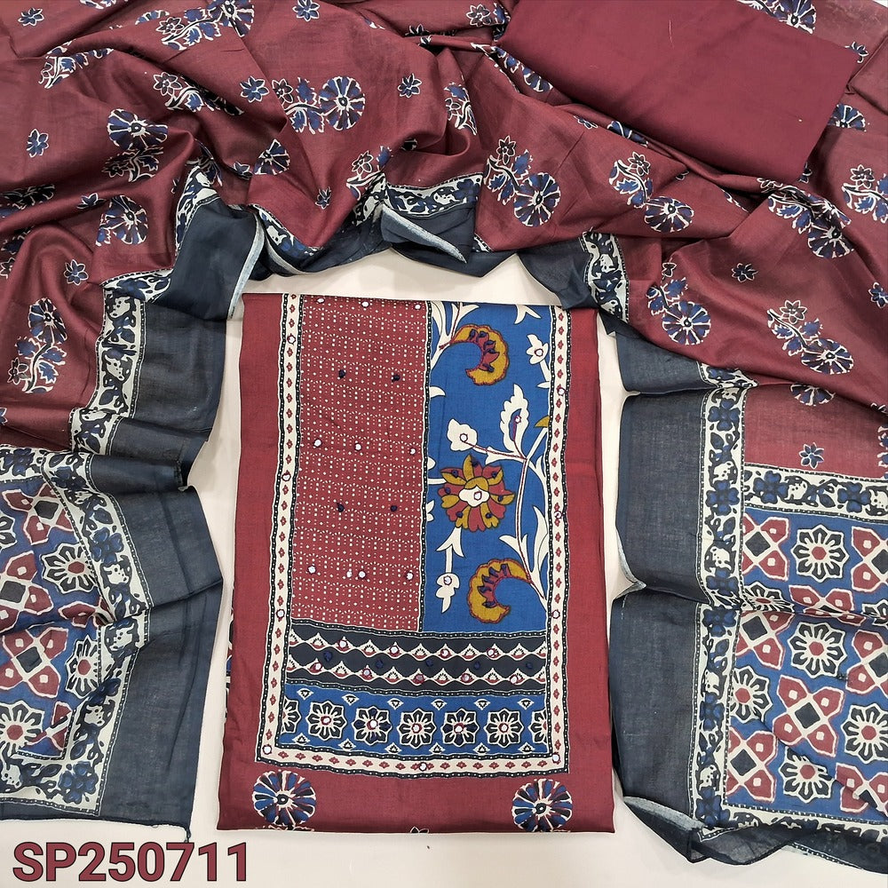 Maroon printed satin cotton unstitched salwar material, faux mirror work on yoke(lining optional)matching spun cotton bottom, printed pure mul cotton dupatta. CODE SP250711