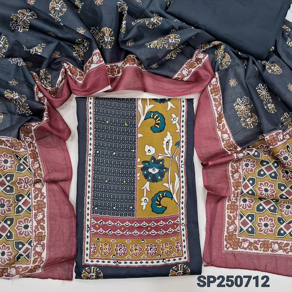 Black printed satin cotton unstitched salwar material, faux mirror work on yoke(lining optional)matching spun cotton bottom, printed pure mul cotton dupatta. CODE SP250712