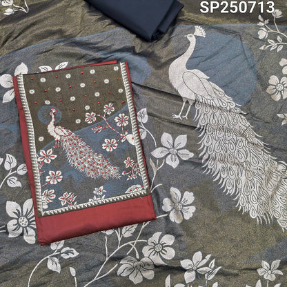 Maroon satin cotton unstitched salwar material, peacock weaving yoke with thread work(lining optional)black cotton bottom, soft tissue silk dupatta with zari &thread woven design. CODE SP250714