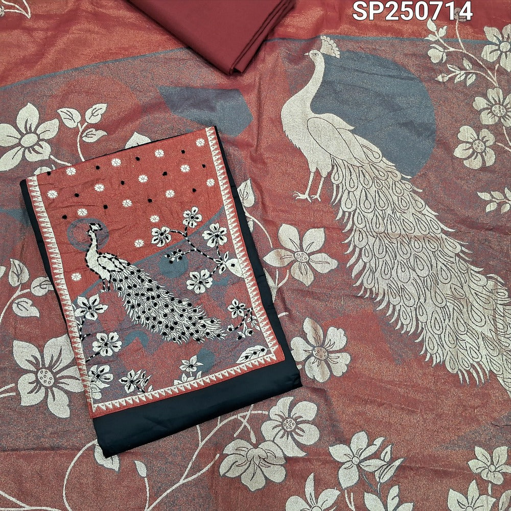 Black satin cotton unstitched salwar material, peacock weaving yoke with thread work(lining optional)maroon cotton bottom, soft tissue silk dupatta with zari &thread woven design. CODE SP250713