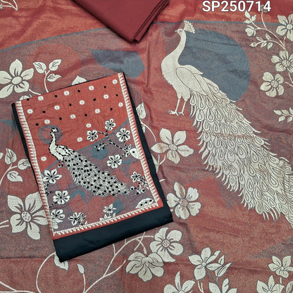 Black satin cotton unstitched salwar material, peacock weaving yoke with thread work(lining optional)maroon cotton bottom, soft tissue silk dupatta with zari &thread woven design. CODE SP250713