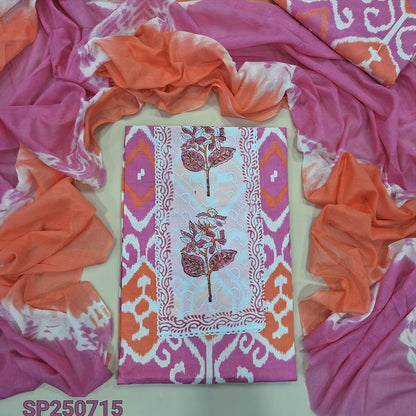 Pink printed soft cotton unstitched salwar material, block printed yoke(lining needed)printed cotton bottom, shibori dyed dual shaded pure cotton dupatta. CODE SP250715