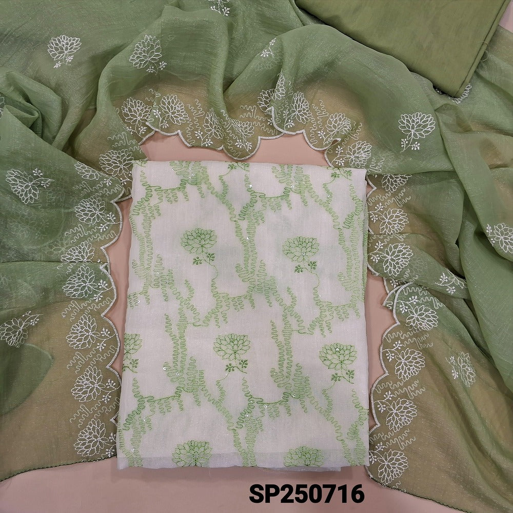 Half white base organza chiffon unstitched salwar material, thread& sequins work on front(thin, lining needed)pastel green silky bottom, organza chiffon dupatta with embroidery& scallop borders. CODE SP250716