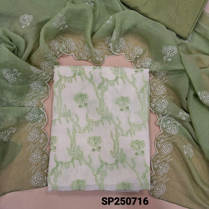 Half white base organza chiffon unstitched salwar material, thread& sequins work on front(thin, lining needed)pastel green silky bottom, organza chiffon dupatta with embroidery& scallop borders. CODE SP250716
