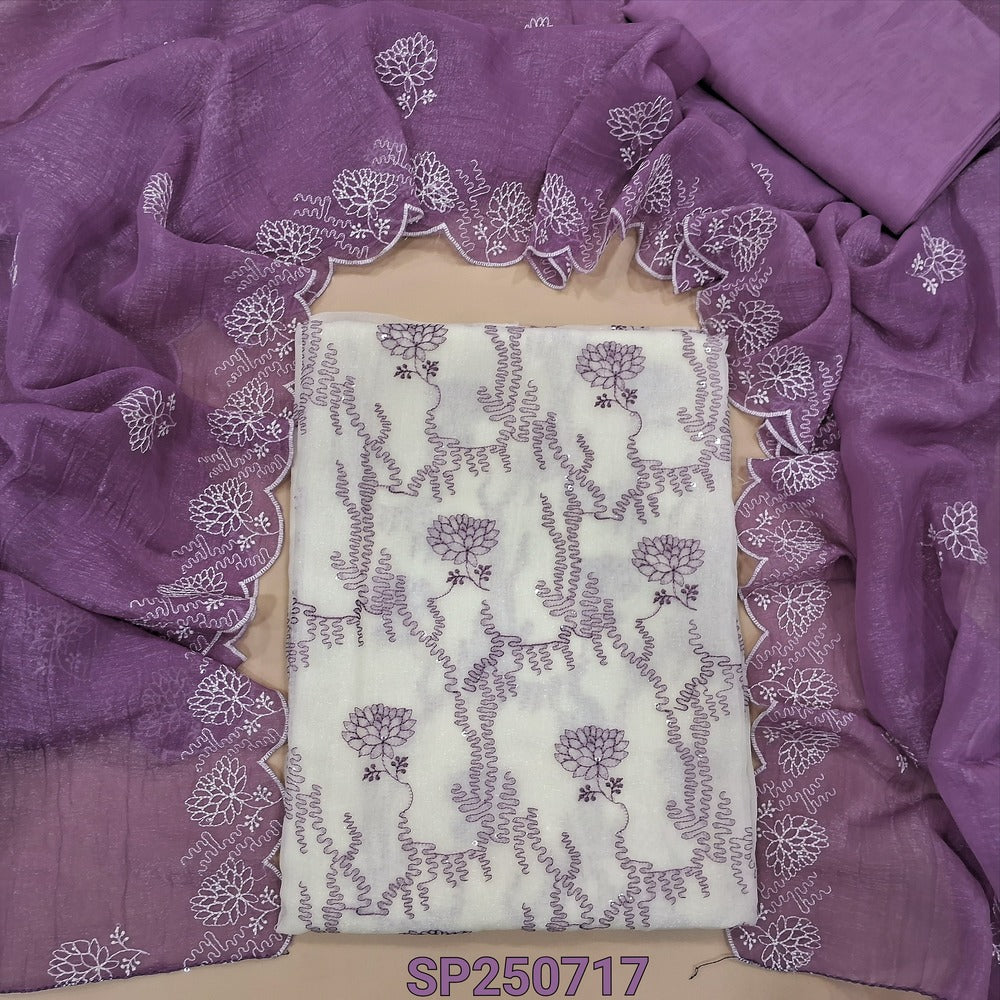 Half white base organza chiffon unstitched salwar material, thread& sequins work on front(thin, lining needed)purple silky bottom, organza chiffon dupatta with embroidery& scallop borders. CODE SP250717