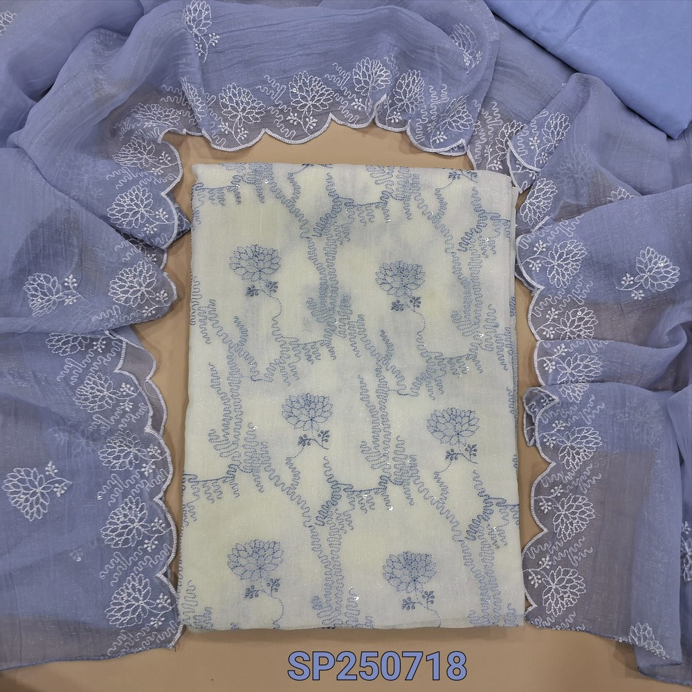 Half white base organza chiffon unstitched salwar material, thread& sequins work on front(thin, lining needed)lavender silky bottom, organza chiffon dupatta with embroidery& scallop borders. CODE SP250718