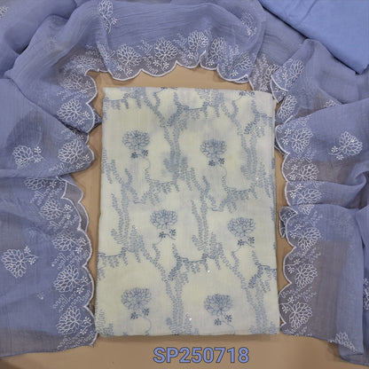 Half white base organza chiffon unstitched salwar material, thread& sequins work on front(thin, lining needed)lavender silky bottom, organza chiffon dupatta with embroidery& scallop borders. CODE SP250718
