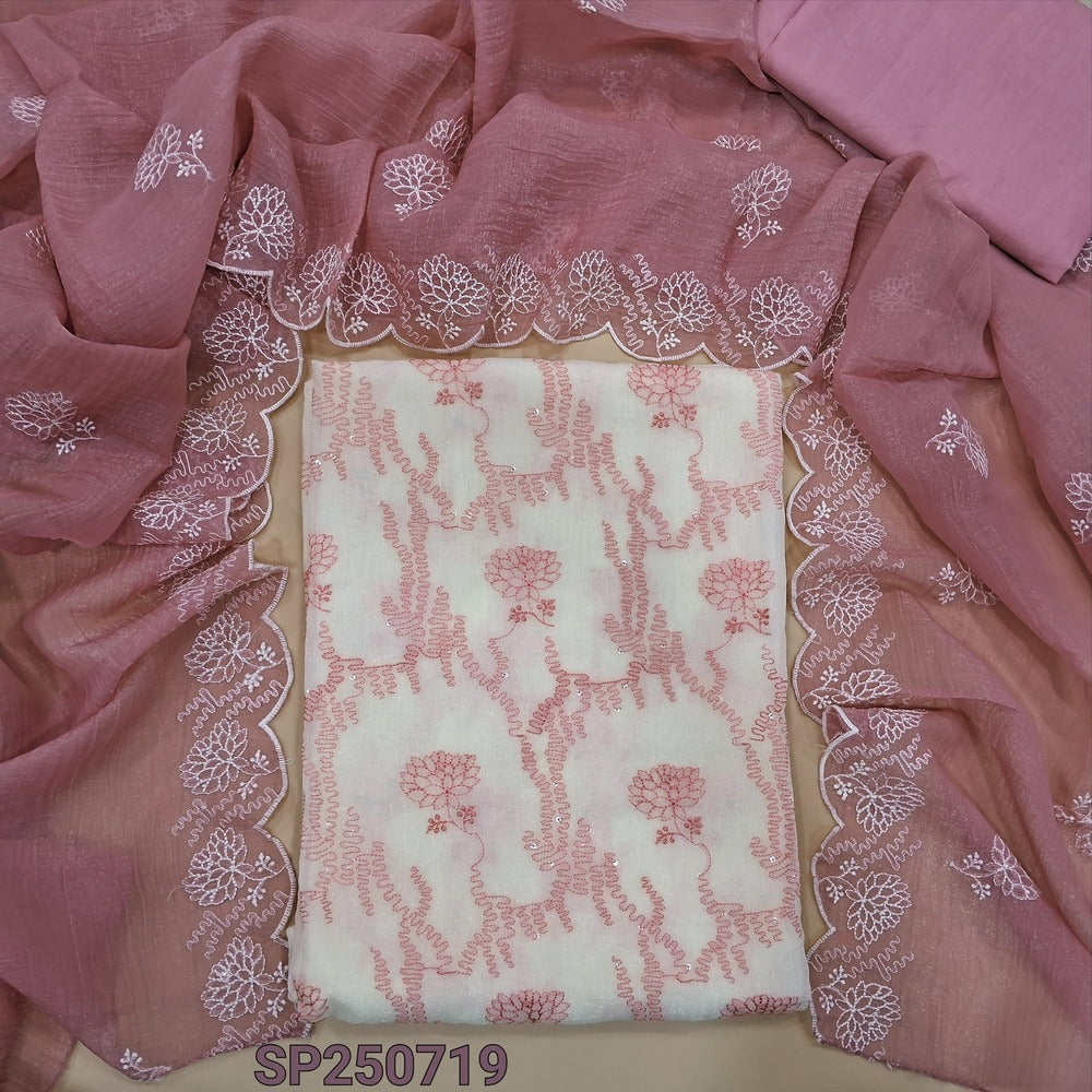 Half white base organza chiffon unstitched salwar material, thread& sequins work on front(thin, lining needed)pink silky bottom, organza chiffon dupatta with embroidery& scallop borders. CODE SP250719