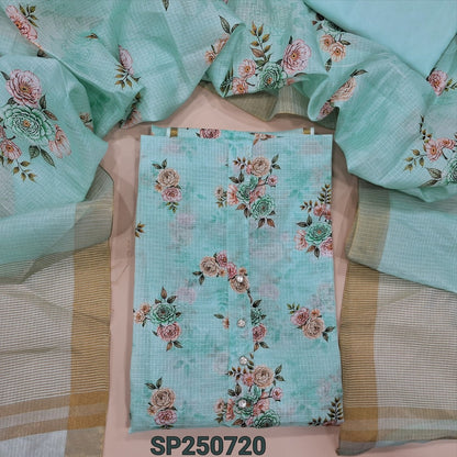 PREORDER SHIPPING IN 1 WEEK Pastel blue floral printed fancy kota silk cotton unstitched salwar material, fancy buttons on yoke(thin, lining needed)matching silky bottom, floral printed fancy kota silk cotton dupatta. CODE SP250720
