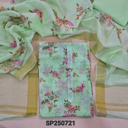 PREORDER SHIPPING IN 1 WEEK Pastel green floral printed fancy kota silk cotton unstitched salwar material, fancy buttons on yoke(thin, lining needed)matching silky bottom, floral printed fancy kota silk cotton dupatta. CODE SP250721