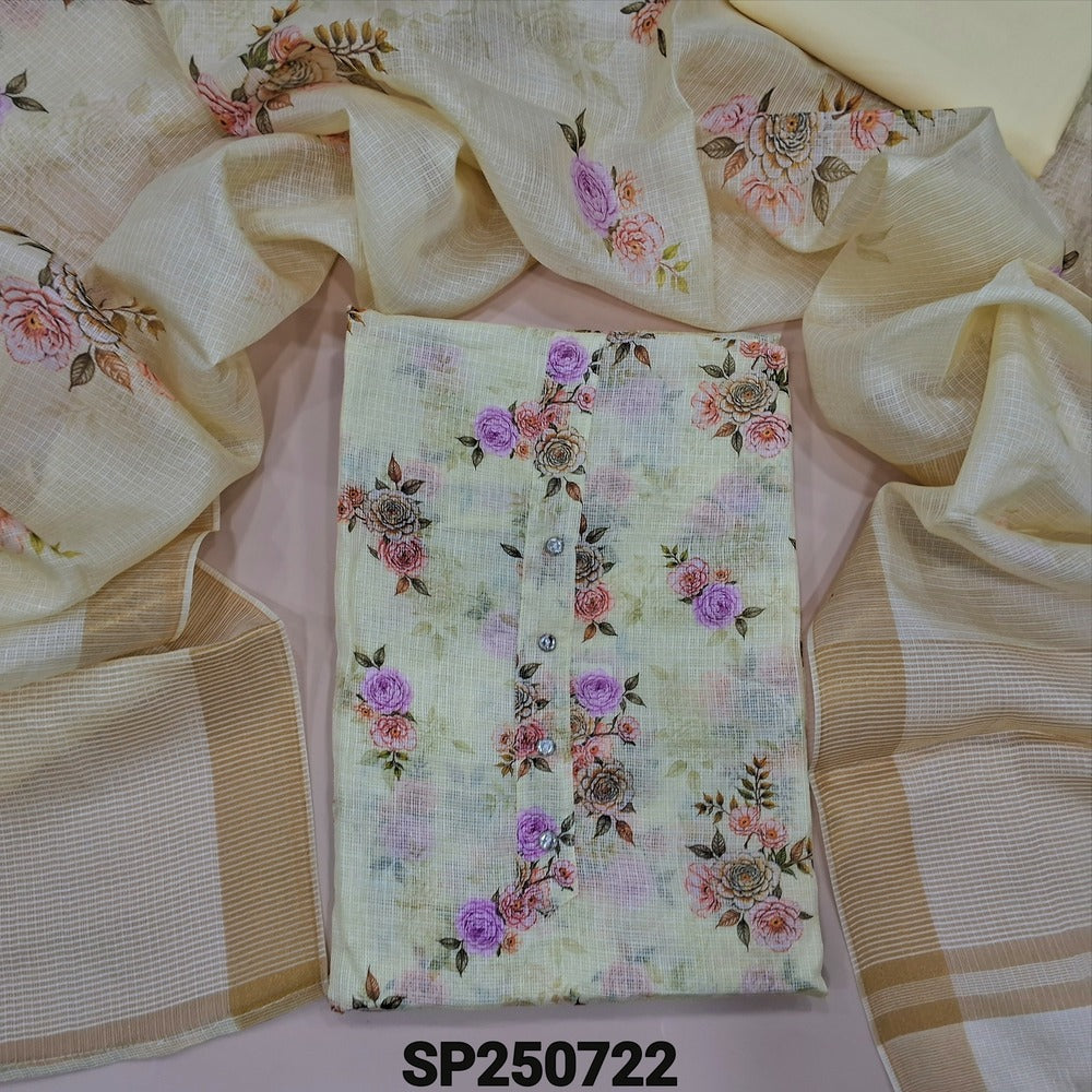 PREORDER SHIPPING IN 1 WEEK Pastel yellow floral printed fancy kota silk cotton unstitched salwar material, fancy buttons on yoke(thin, lining needed)matching silky bottom, floral printed fancy kota silk cotton dupatta. CODE SP250722