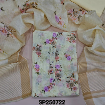 PREORDER SHIPPING IN 1 WEEK Pastel yellow floral printed fancy kota silk cotton unstitched salwar material, fancy buttons on yoke(thin, lining needed)matching silky bottom, floral printed fancy kota silk cotton dupatta. CODE SP250722