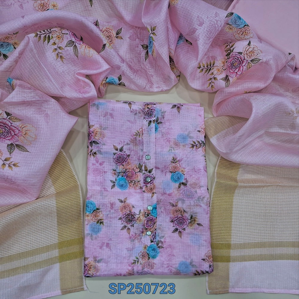 Pastel pink floral printed fancy kota silk cotton unstitched salwar material, fancy buttons on yoke(thin, lining needed)matching silky bottom, floral printed fancy kota silk cotton dupatta. CODE SP250723