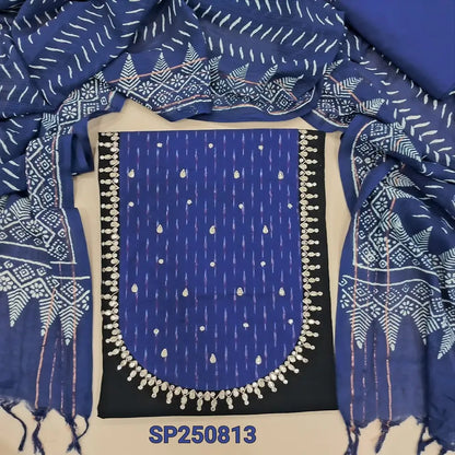 Black premium cotton unstitched salwar material, ikat printed mercerized cotton yoke patch(lining optional)ink blue cotton bottom, block printed premium mul cotton dupatta. CODE SP250813