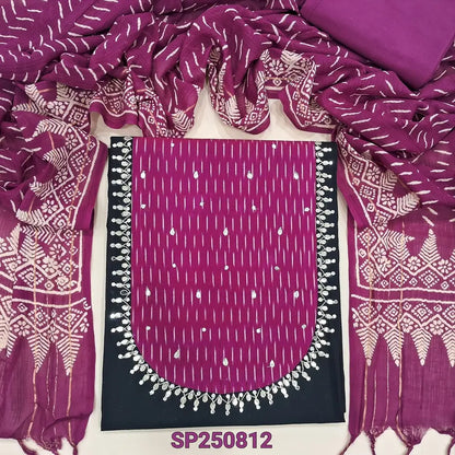 Black premium cotton unstitched salwar material, ikat printed mercerized cotton yoke patch(lining optional)purplish pink cotton bottom, block printed premium mul cotton dupatta. CODE SP250812