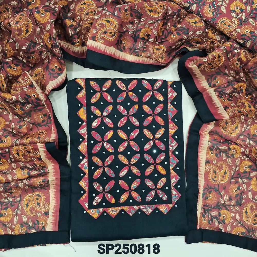 Black pure cotton unstitched salwar material, faux mirror& applique work on yoke(lining optional)printed cotton bottom, printed pure cotton full length dupatta with tapings.. CODE SP250818