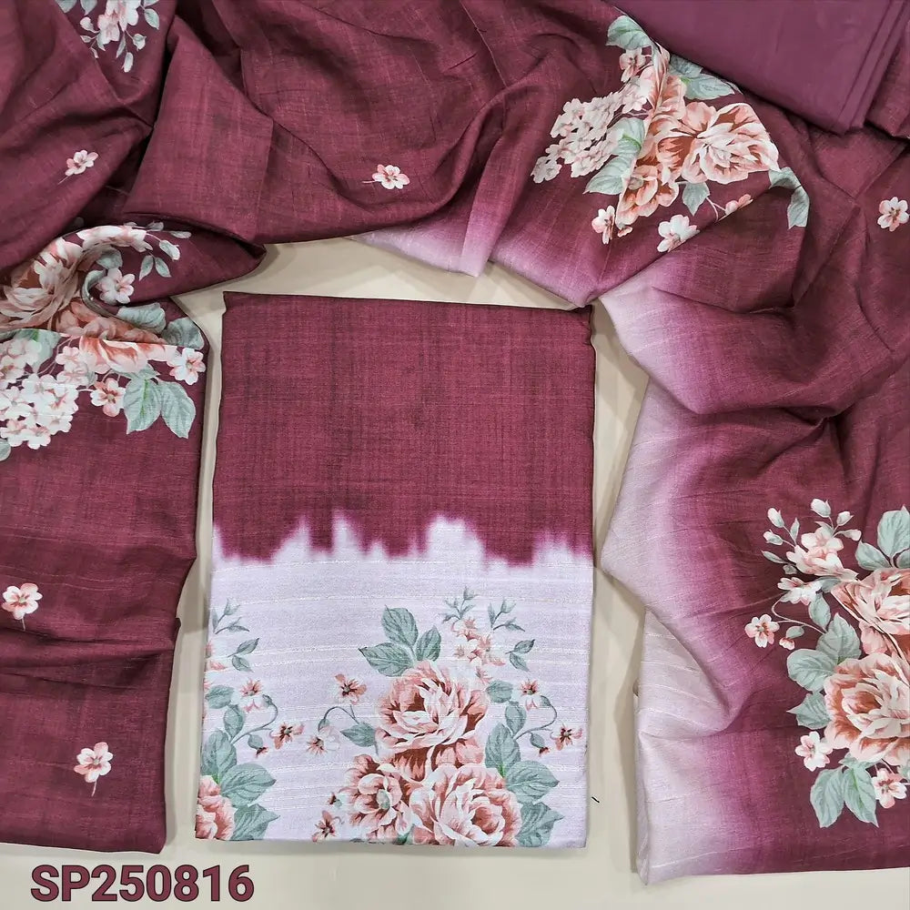 Dark maroon digital printed semi tussar unstitched salwar material(thin, lining needed)matching silky bottom, digital printed semi tussar dupatta. CODE SP250816