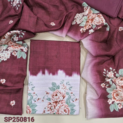 Dark maroon digital printed semi tussar unstitched salwar material(thin, lining needed)matching silky bottom, digital printed semi tussar dupatta. CODE SP250816