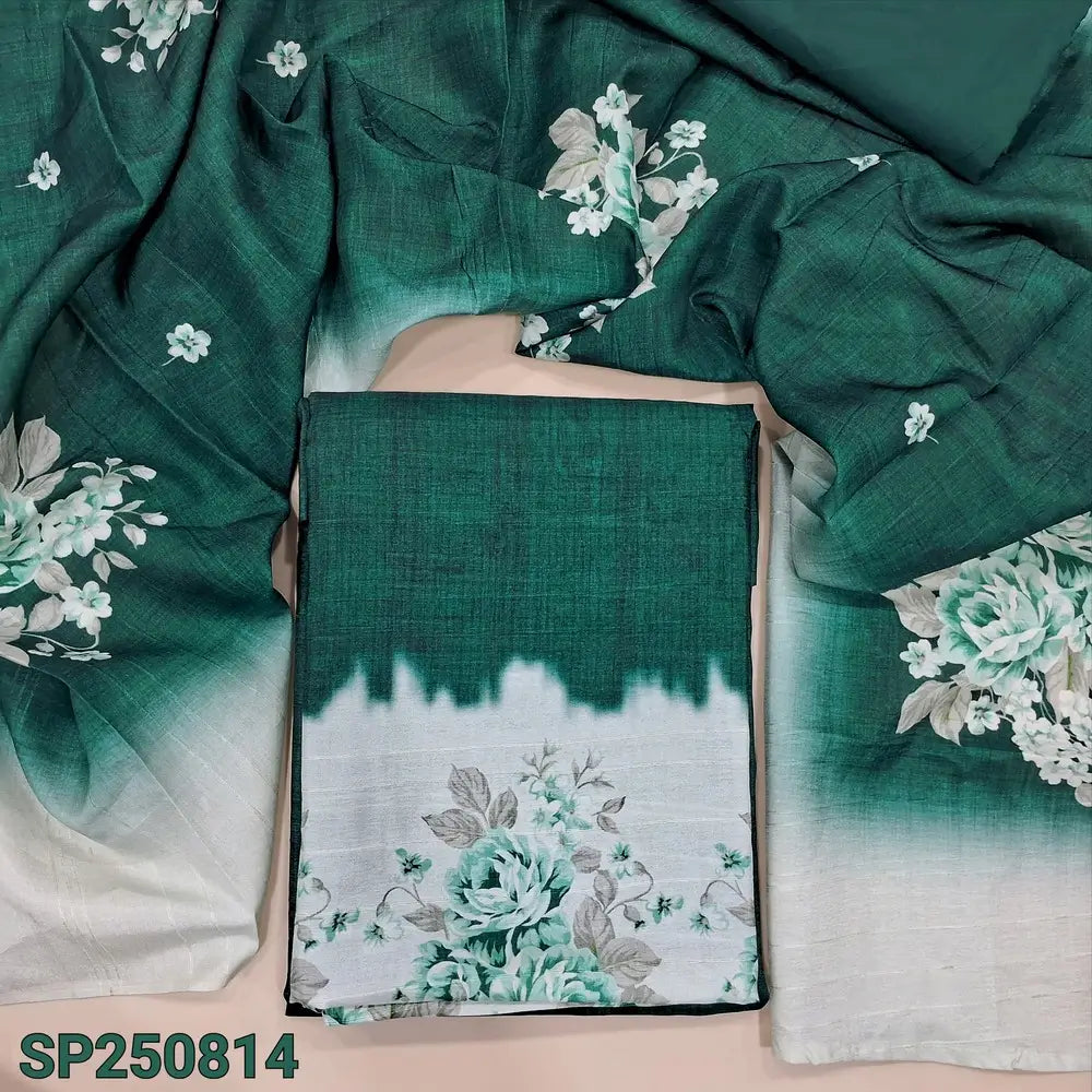 Teal green digital printed semi tussar unstitched salwar material(thin, lining needed)matching silky bottom, digital printed semi tussar dupatta. CODE SP250814