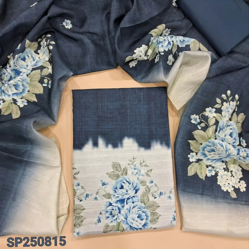 Dark blue digital printed semi tussar unstitched salwar material(thin, lining needed)matching silky bottom, digital printed semi tussar dupatta. CODE SP250815