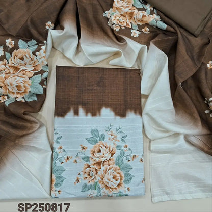 Dark brown digital printed semi tussar unstitched salwar material(thin, lining needed)matching silky bottom, digital printed semi tussar dupatta. CODE SP250817