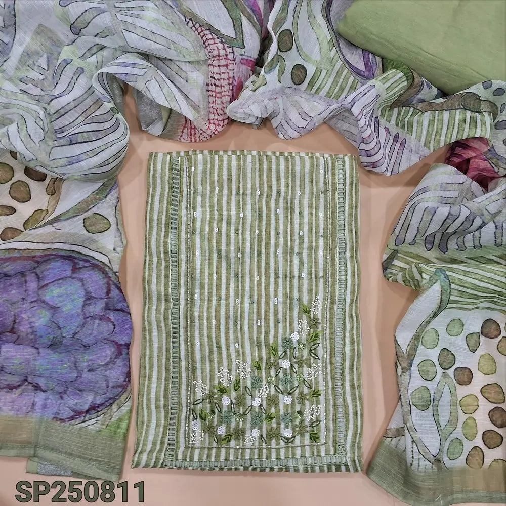 Sage green vertical printed semi linen unstitched salwar material, hand embroidery& bead work on yoke(thin, lining needed)matching santoon bottom, abstract printed semi linen dupatta with silver tissue borders. CODE SP250811
