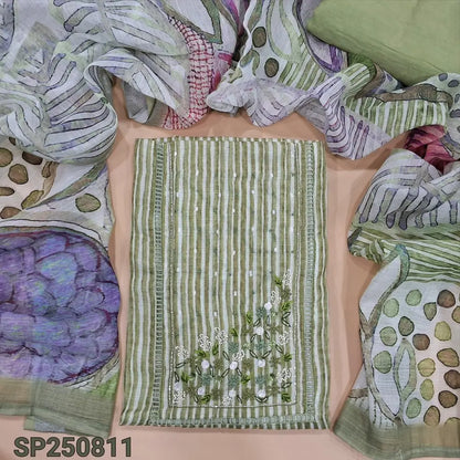 Sage green vertical printed semi linen unstitched salwar material, hand embroidery& bead work on yoke(thin, lining needed)matching santoon bottom, abstract printed semi linen dupatta with silver tissue borders. CODE SP250811